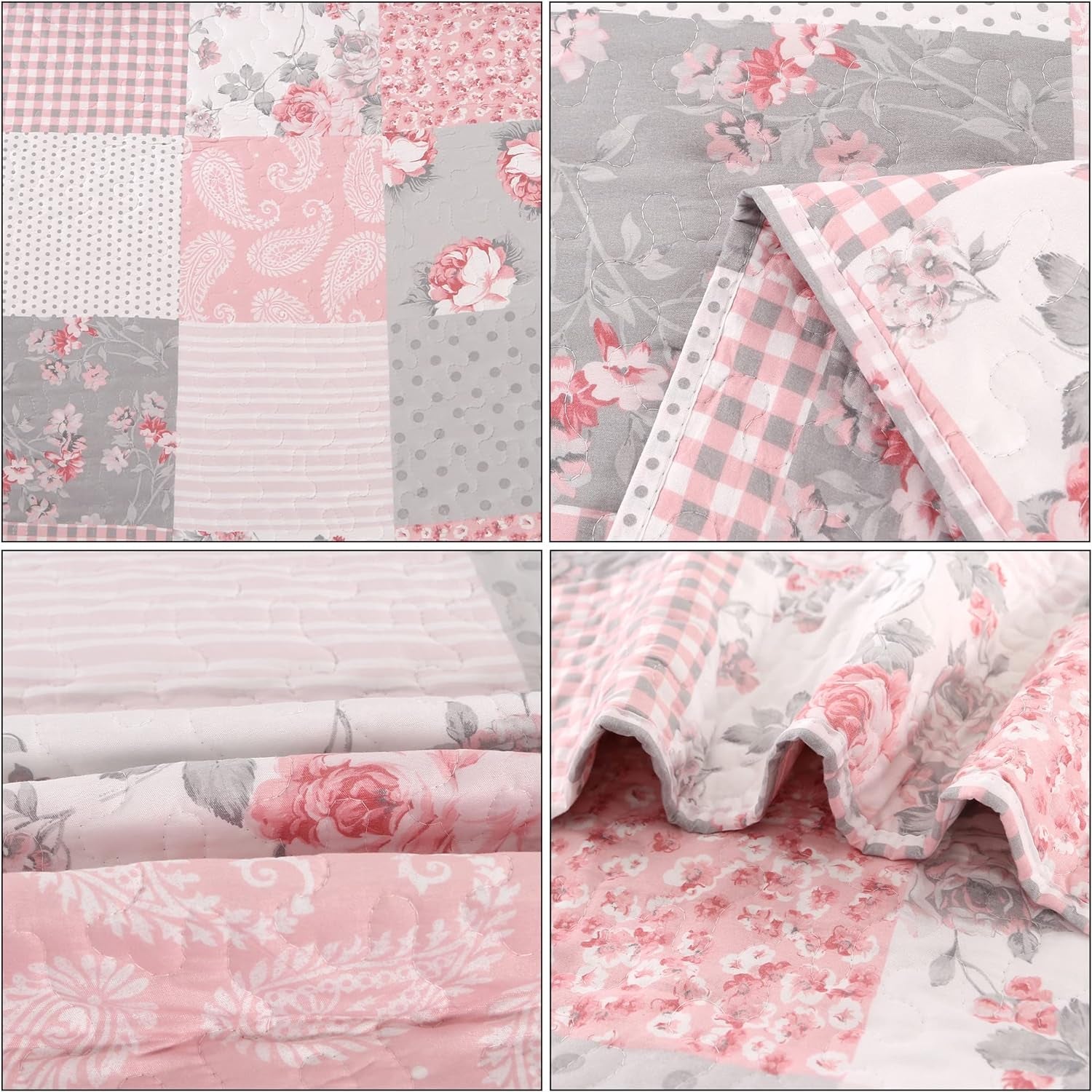 Pink Plaid Patchwork Quilt Set Full Queen Size Floral Rversible Quilted Bedspread Coverlet Set 3-Piece Grey Grid Flowers Lightweight Comforter Bedding Set Bed Sheet Cover Blanket with 2 Pillow Shams