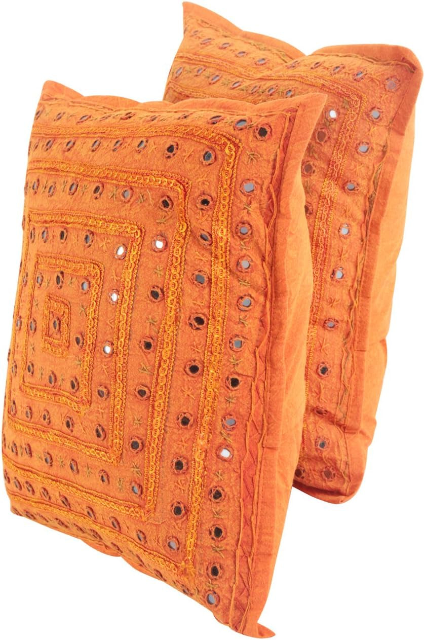 2 Orange Mirror Work Embroidery Indian Sari Throw Pillow Toss Krishna Mart Cushion Covers