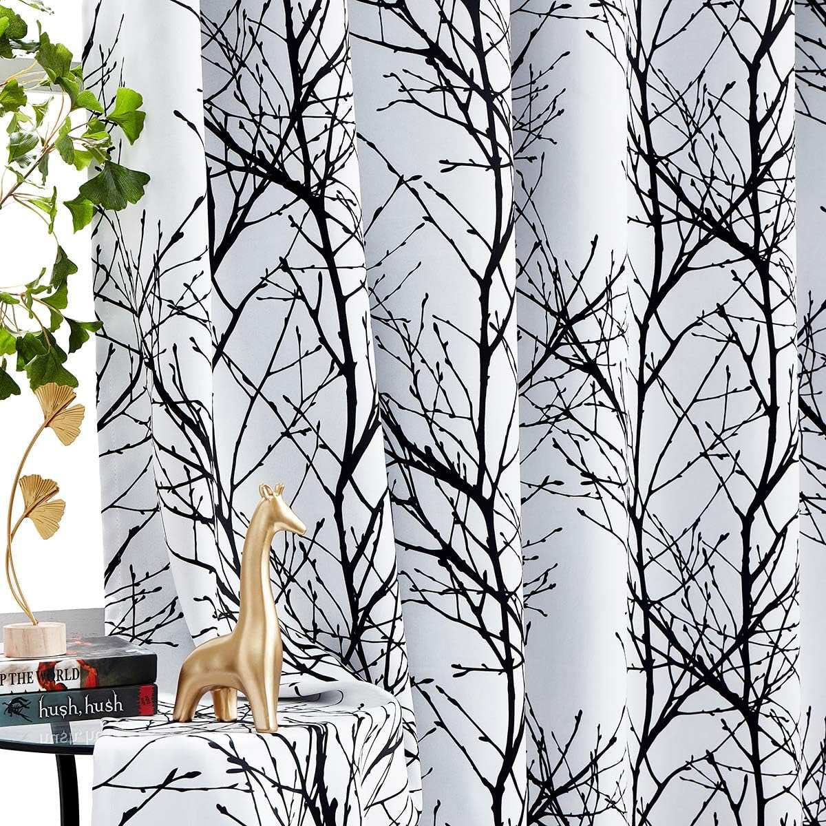 Blue White Blackout Curtains for Bedroom 63" Length Tonal Blue Grey Tree Branch Print Thermal Insulated Full Blackout Curtain Panels for Living Room Triple Weave Window Drapes 50"W 2Panels Grommet Top  Fmfunctex Blackout-Black 50"W X 96"L 2Pcs 