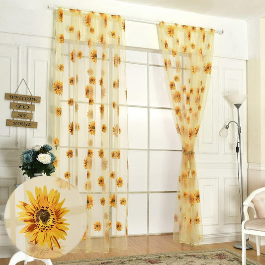 Ufurty Rely2016 Sunflower Window Curtain, 2PCS Sun Flower Floral Voile Sheer Curtain Panels Tulle Room Salix Leaf Sheer Gauze Curtain for Living Room, Bedroom, Balcony - Rod Pocket Top (100 X 200)  Rely2016 Yellow 100*200Cm 