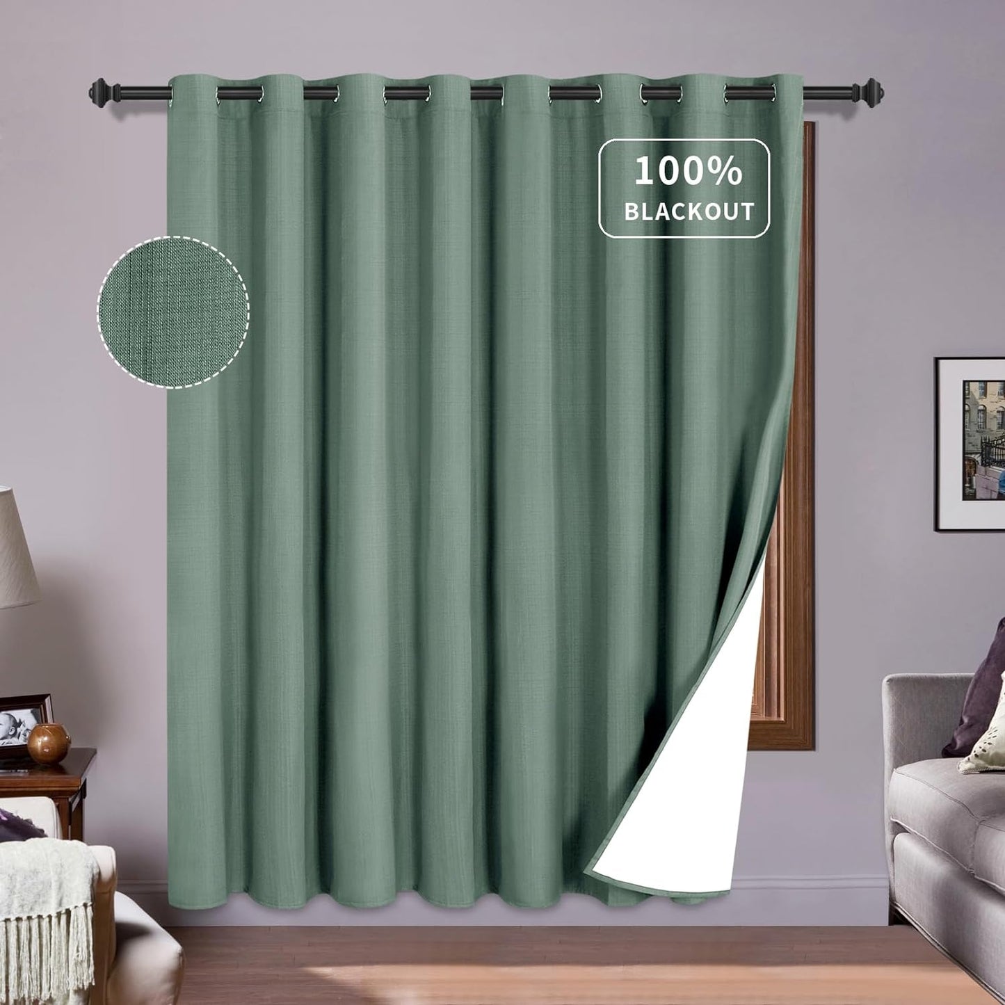 Purefit White Linen Blackout Curtains 84 Inches Long 100% Room Darkening Thermal Insulated Window Curtain Drapes for Bedroom Living Room Nursery with Anti-Rust Grommets & Energy Saving Liner, 2 Panels  PureFit Sage Green 100"W X 84"L 