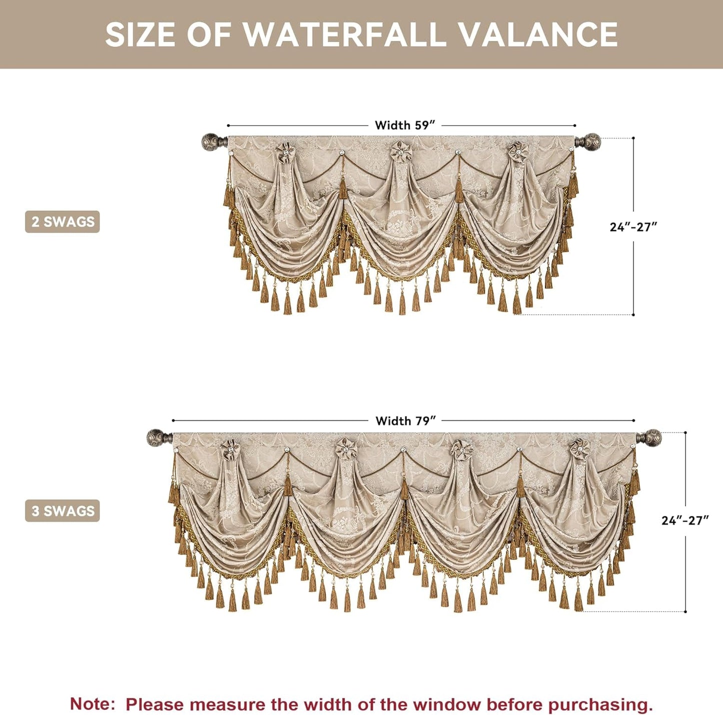 Loom and Mill Luxury Waterfall Valances for Windows, Elegant Jacquard Thick Swag Curtains Valance with Tassels for Living Room, Bedroom Party Banquet Decorations (Golden & Sand, W79 Inch, 1 Panel)