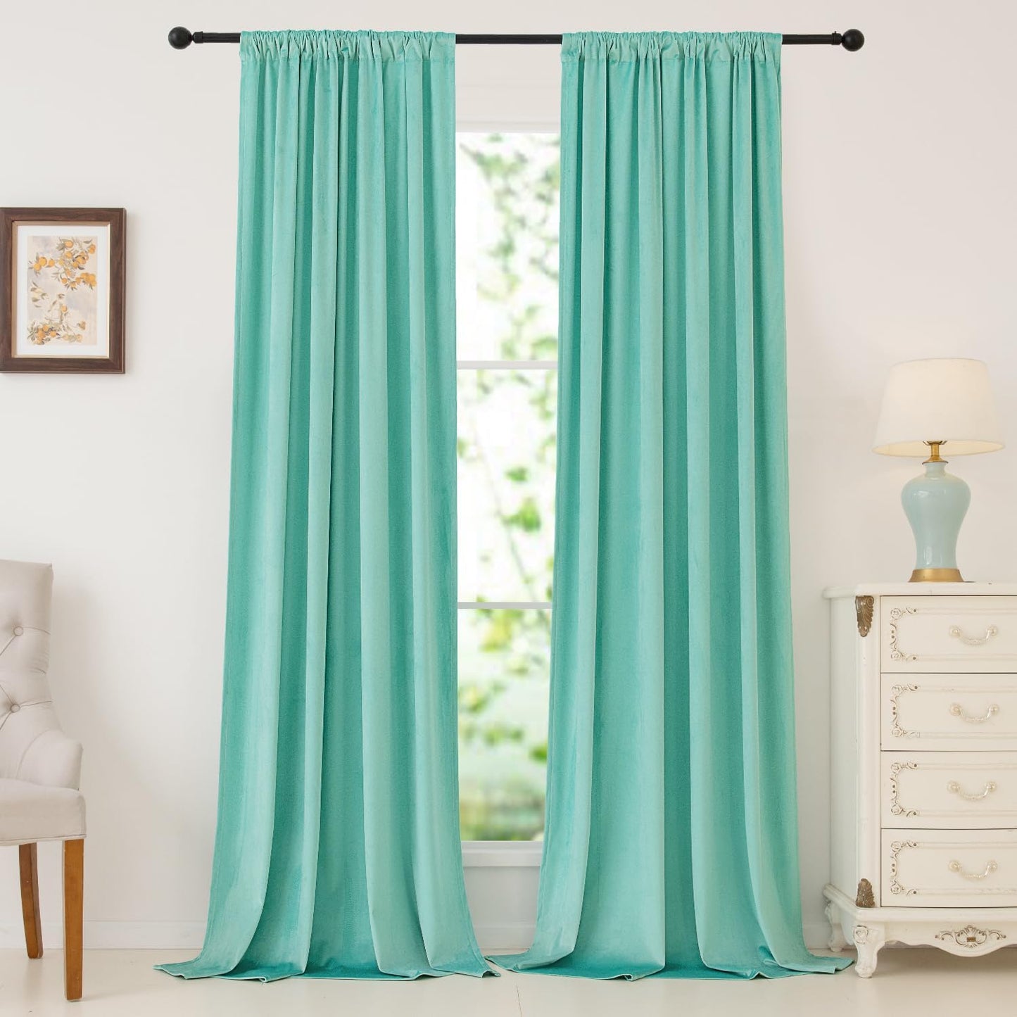 Nanbowang Green Velvet Curtains 63 Inches Long Dark Green Light Blocking Rod Pocket Window Curtain Panels Set of 2 Heat Insulated Curtains Thermal Curtain Panels for Bedroom  nanbowang Aqua 52"X120" 