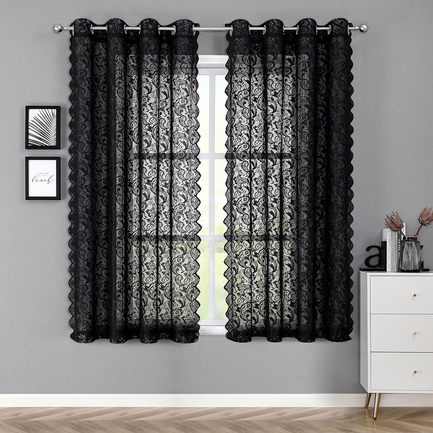 Black Sheer Lace Curtains 84 Inch Vintage Floral Sheer Gothic Curtain Panels for Living Room Bedroom Luxury Light Filtering Drapes Black Window Treatment Sets Rod Pocket 2 Panels 54" Wx84 L  Bujasso Grommet Black 54"X54"X2 