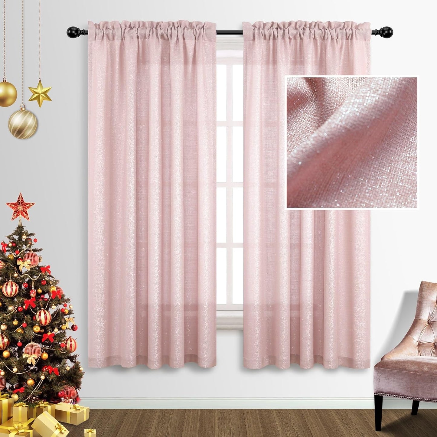 Gold Curtains 84 Inch Length for Living Room 2 Panels Set Rod Pocket Window Decor Semi Sheer Luxury Sparkle Shimmer Shiny Glitter Brown Golden Mustard Curtains for Bedroom 52X84 Long Christmas Decor  MRS.NATURALL TEXTILE Pink 52X63 