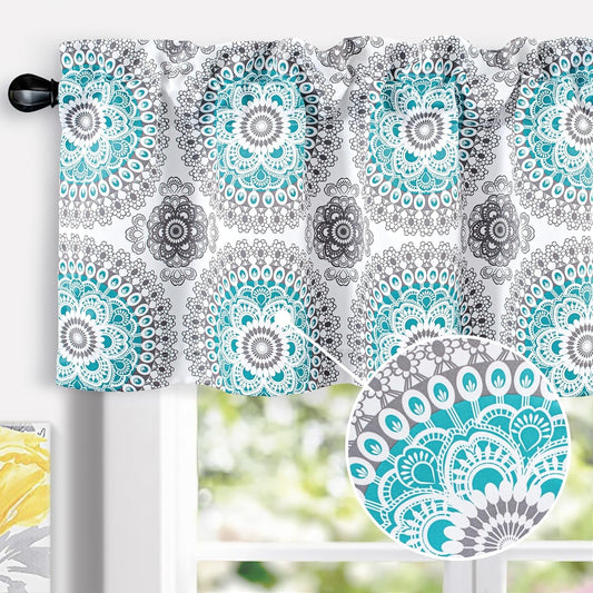 Driftaway Curtains for Bedroom Boho Bella Medallion Pattern Room Darkening Window Curtain Valance Short Curtain for Kitchen Living Room 52 Inch by 18 Inch Aqua and Gray Single