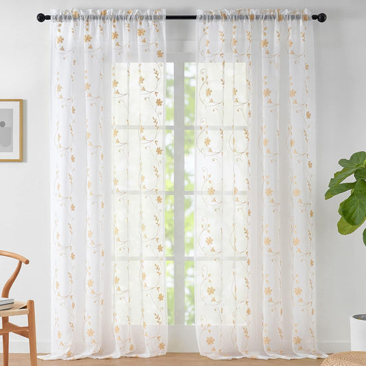 Floral Beige Sheer Curtains 63 Inch Length 2 Panels for Living Room, Embroidered Curtains Light Filtering and Privacy, Semi Sheer Drapes Window Curtain Panels for Kitchen, Bedroom, Beige, 52 X 63 Inch  CaaMoo Beige 52" W X 63" L 