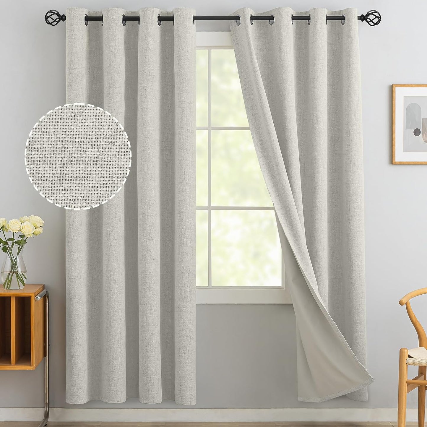 Yakamok Natural Linen Curtains 100% Blackout 84 Inches Long,Room Darkening Textured Curtains for Living Room Thermal Grommet Bedroom Curtains 2 Panels with Greyish White Liner  Yakamok Cream 52W X 72L / 2 Panels 
