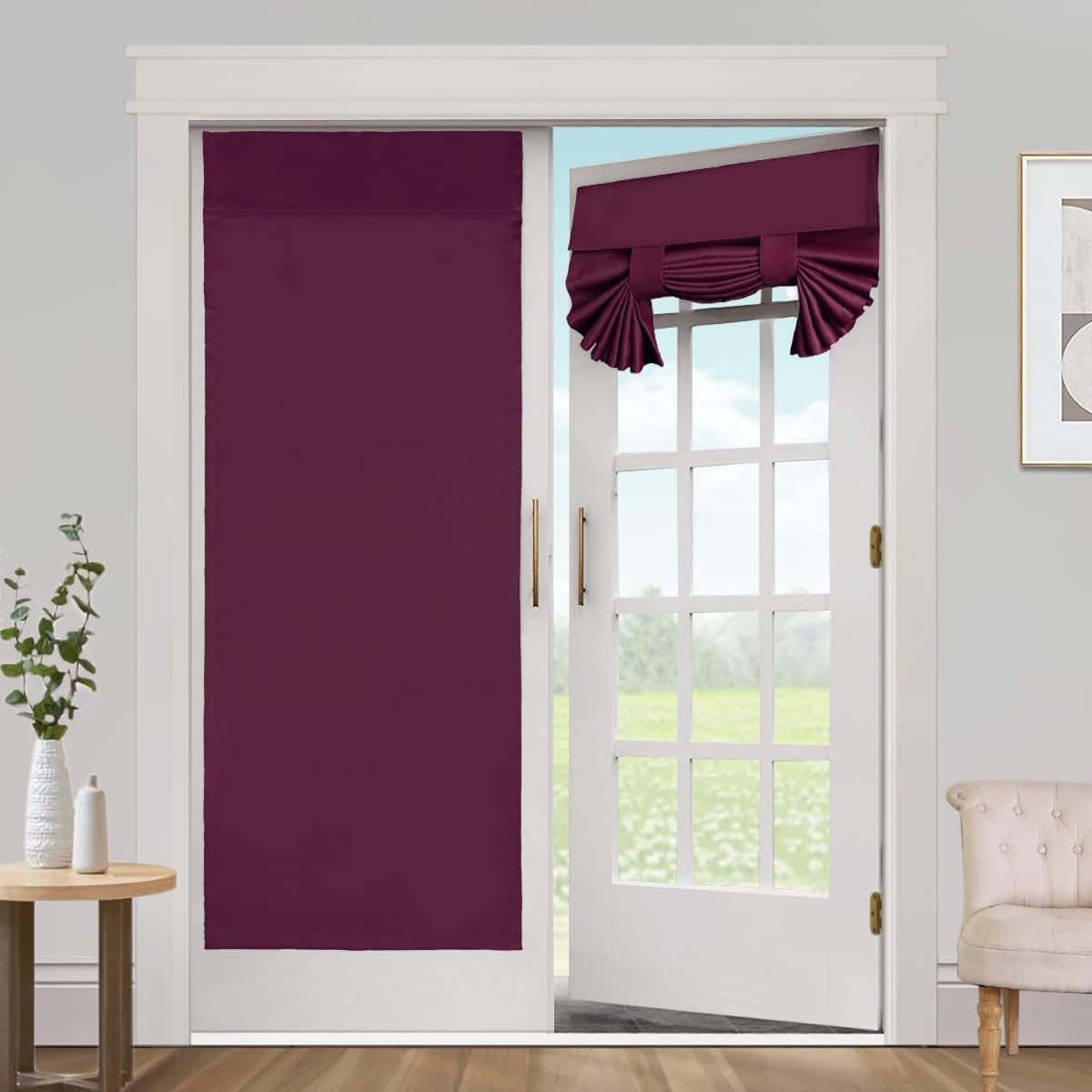 Blackout Curtains for French Doors - Thermal Insulated Tricia Door Window Curtain for Patio Door, Self Stick Tie up Shade Energy Efficient Double Door Blind, 26 X 68 Inches, 1 Panel, Sage  L.VICTEX Burgundy 2 