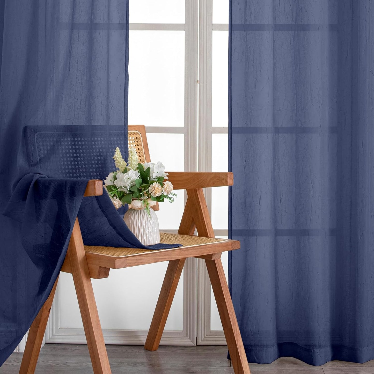 Chyhomenyc Crushed White Sheer Valances for Window 14 Inch Length 2 PCS, Crinkle Voile Short Kitchen Curtains with Dual Rod Pockets，Gauzy Bedroom Curtain Valance，Each 42Wx14L Inches  Chyhomenyc Navy Blue 42 W X 72 L 