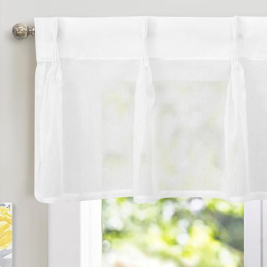 Driftaway 52 Inch Width Pinch Pleated White Sheer Kitchen Curtain Valances for Bedroom Living Room Bathroom Light Filtering Back Tab 16 Inch Length Short Window Topper 1 Panel