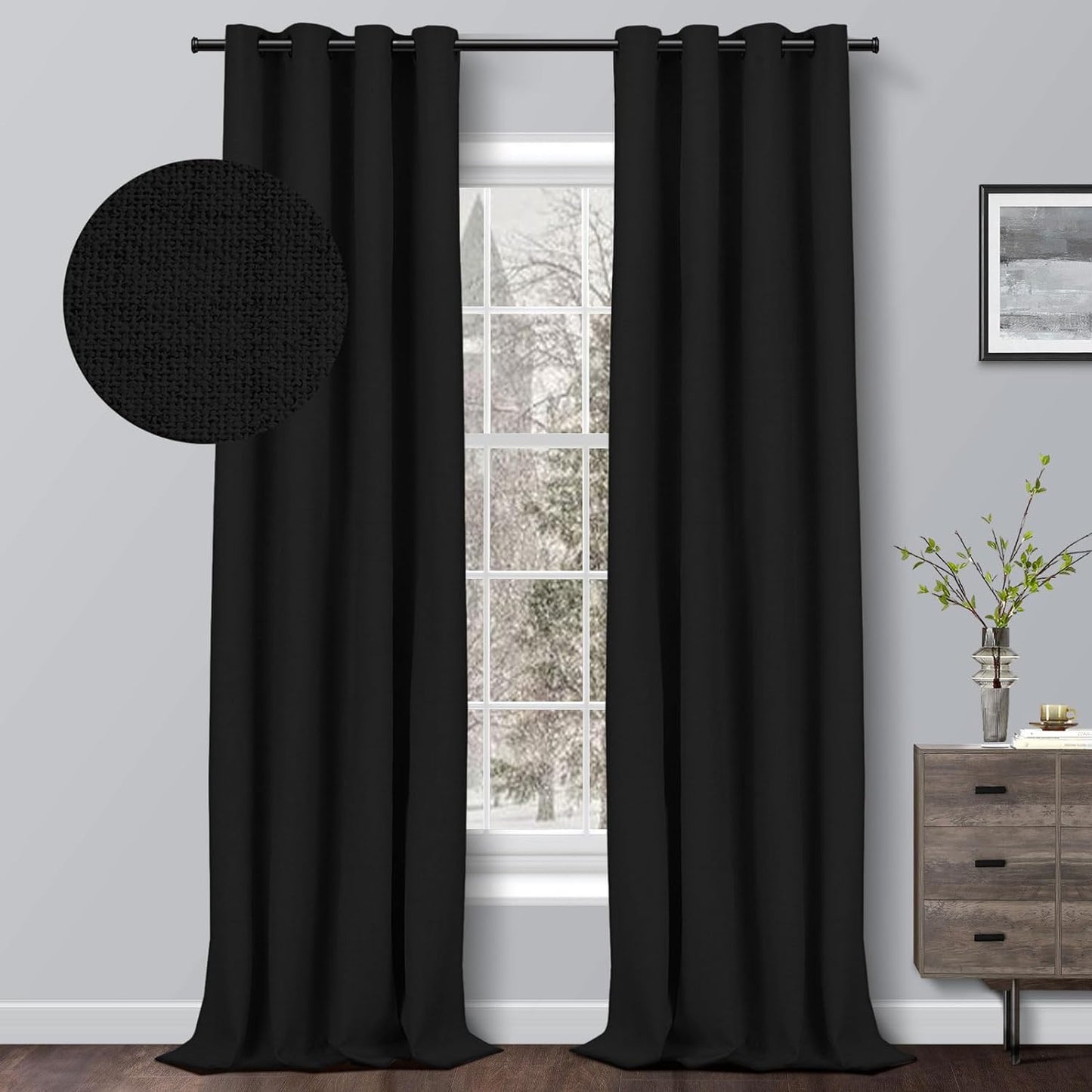 RHF Blackout Curtains 84 Inch Length 2 Panels Set, Primitive Linen Look, 100% Blackout Curtains Linen Black Out Curtains for Bedroom Windows, Burlap Grommet Curtains-(50X84, Oatmeal)  Rose Home Fashion Black W50 X L96 