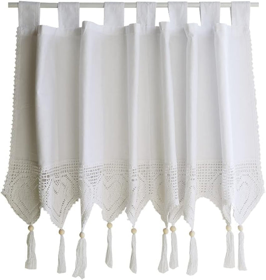 Half Curtain Sheer Valance Curtain,Window Curtains,Kitchen Coffee Curtain Cotton Valance with Hollow Crochet Lace Vintage Rural Style 1 Panel,White,150Cm X 60Cm /59"*24" ( Color : White , Size : 150Cm