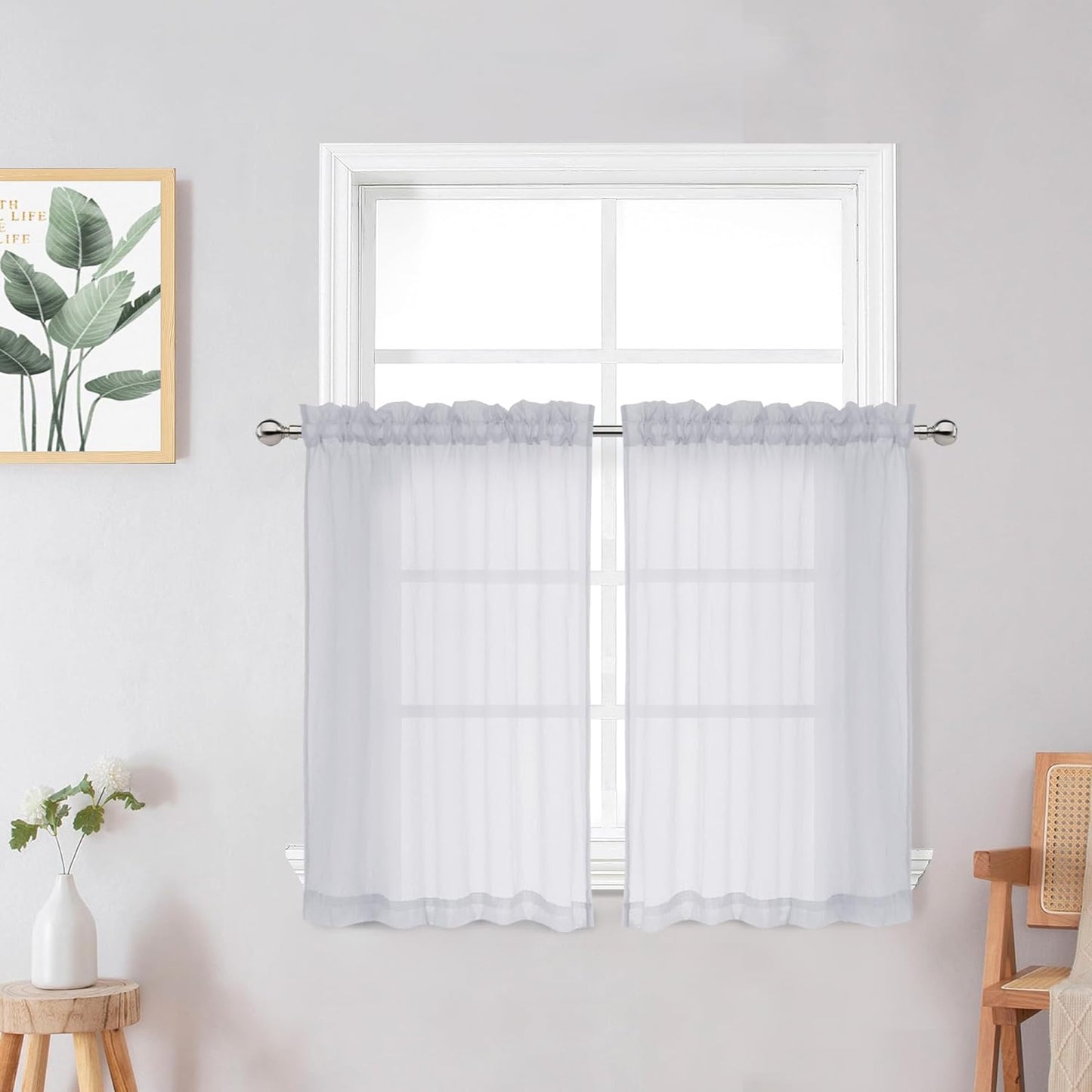 Crushed Sheer White Curtains 63 Inch Length 2 Panels, Light Filtering Solid Crinkle Voile Short Sheer Curtian for Bedroom Living Room, Each 42Wx63L Inches  Chyhomenyc Light Grey 28 W X 36 L 