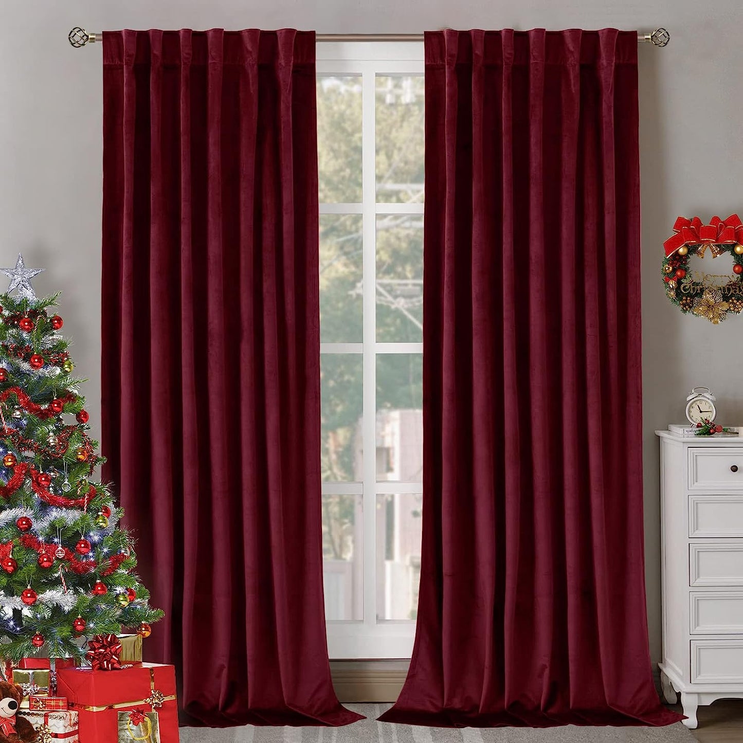 Bgment Grey Velvet Curtains 108 Inches Long for Living Room, Thermal Insulated Room Darkening Curtains Drapes Window Treatment with Back Tab and Rod Pocket, Set of 2 Panels, 52 X 108 Inch  BGment Red 52W X 108L 