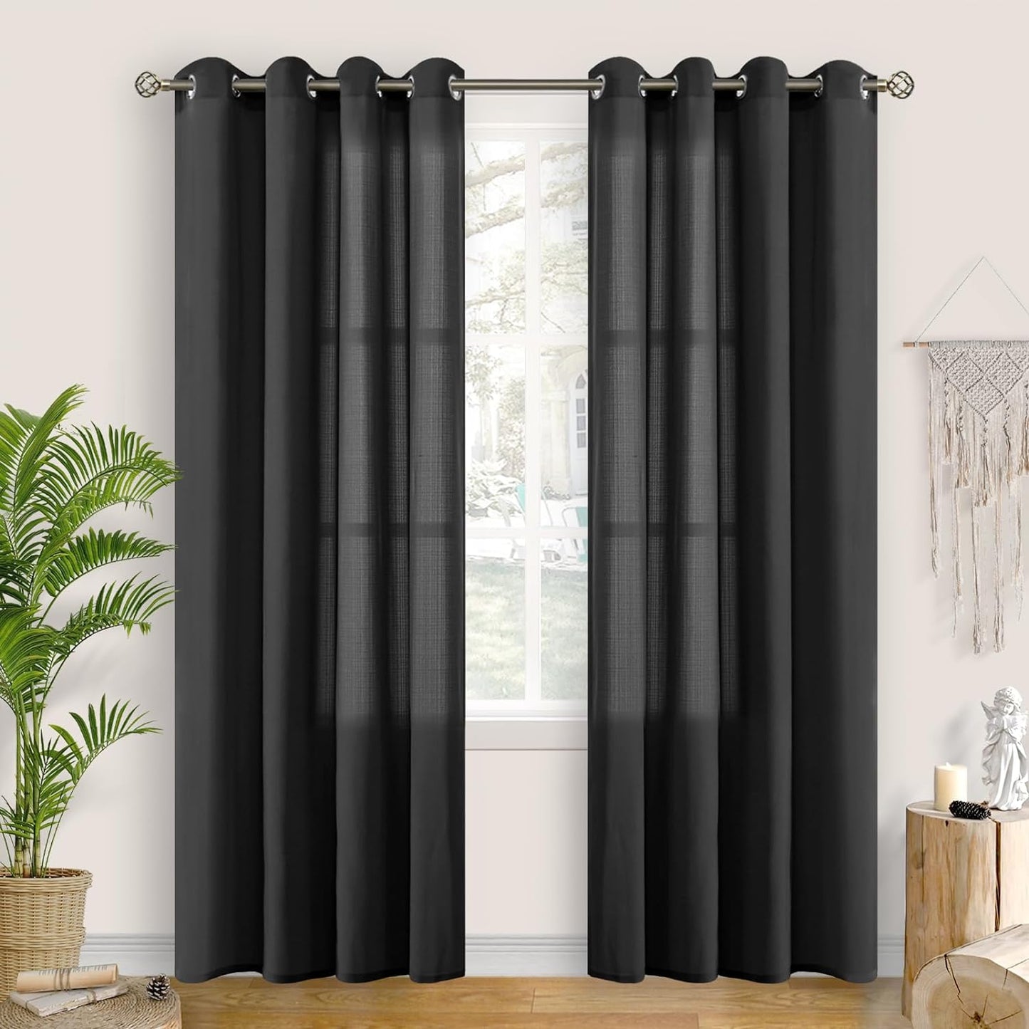 Bgment Natural Linen Look Semi Sheer Curtains for Bedroom, 52 X 54 Inch White Grommet Light Filtering Casual Textured Privacy Curtains for Bay Window, 2 Panels  BGment Black 52W X 95L 