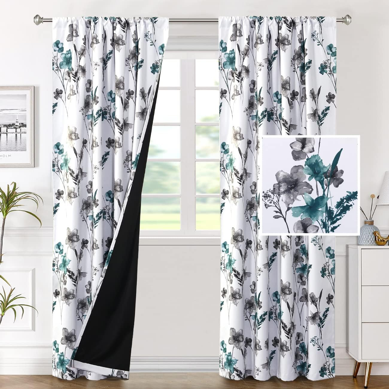 H.VERSAILTEX 100% Blackout Curtains for Bedroom Cattleya Floral Printed Drapes 84 Inches Long Leah Floral Pattern Full Light Blocking Drapes with Black Liner Rod Pocket 2 Panels, Navy/Taupe  H.VERSAILTEX Grey/Teal 52"W X 84"L 