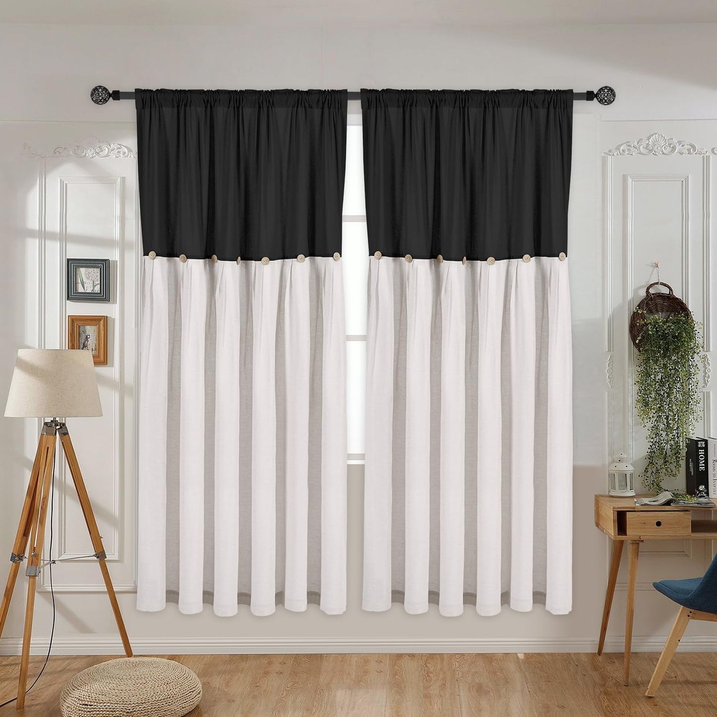Cotton Linen Farmhouse Curtains, Button Curtains (Two Panels) Pleated Natural, Linen Button Window Curtain Panel for Bedroom Living Room (Black, 42 X 63 Inches)
