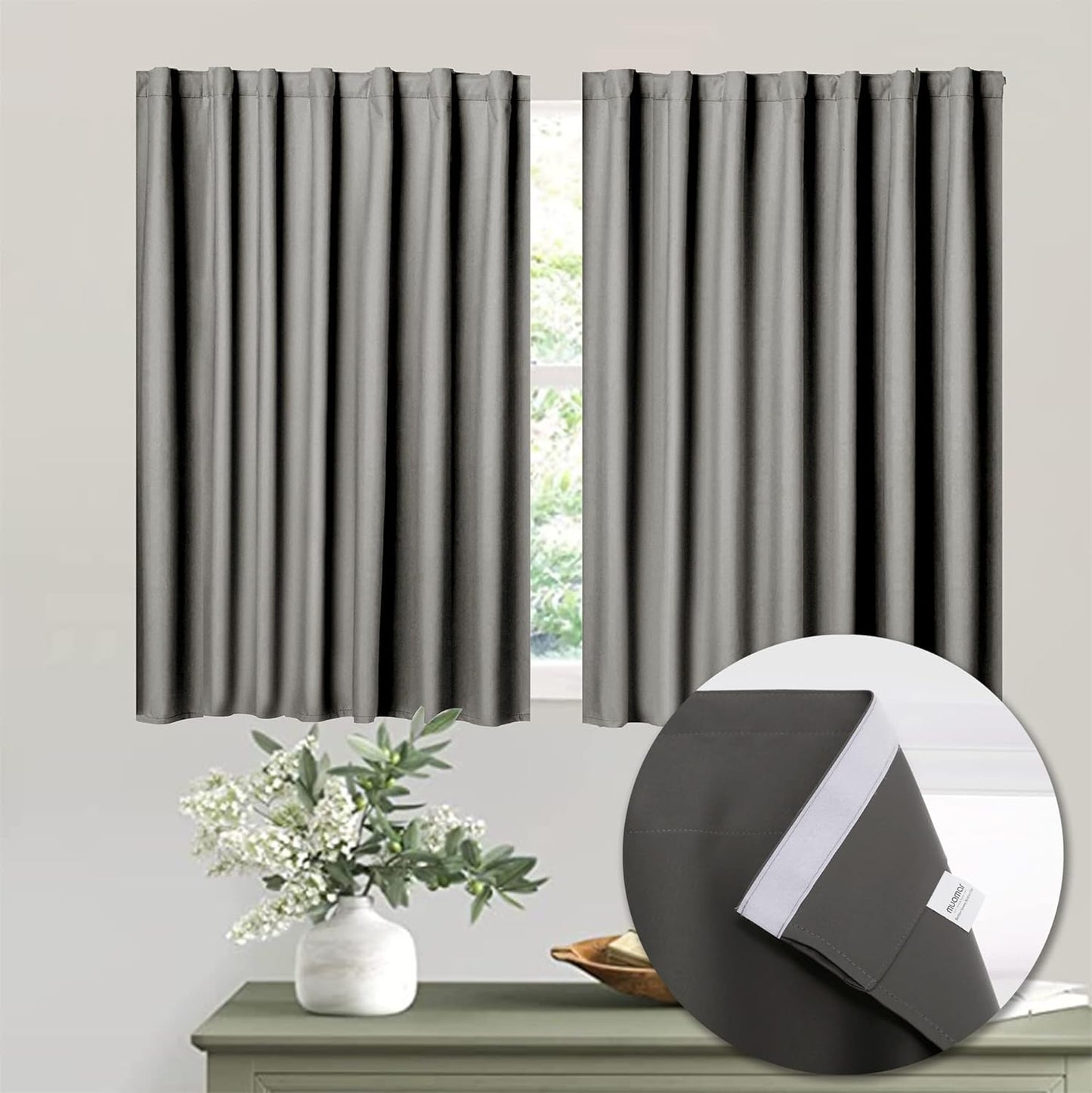 Muamar 2Pcs Blackout Curtains Privacy Curtains 63 Inch Length Window Curtains,Easy Install Thermal Insulated Window Shades,Stick Curtains No Rods, Black 42" W X 63" L  Muamar Grey 29"W X 36"L 