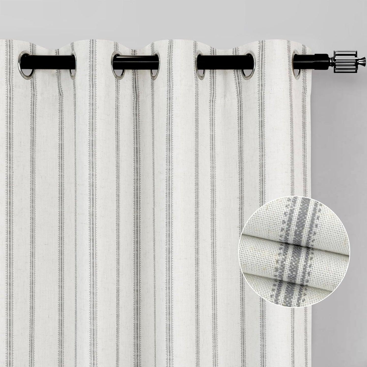 Driftaway Farmhouse Linen Blend Blackout Curtains 84 Inches Long for Bedroom Vertical Striped Printed Linen Curtains Thermal Insulated Grommet Lined Treatments for Living Room 2 Panels W52 X L84 Grey  DriftAway Grey 52"X96" 