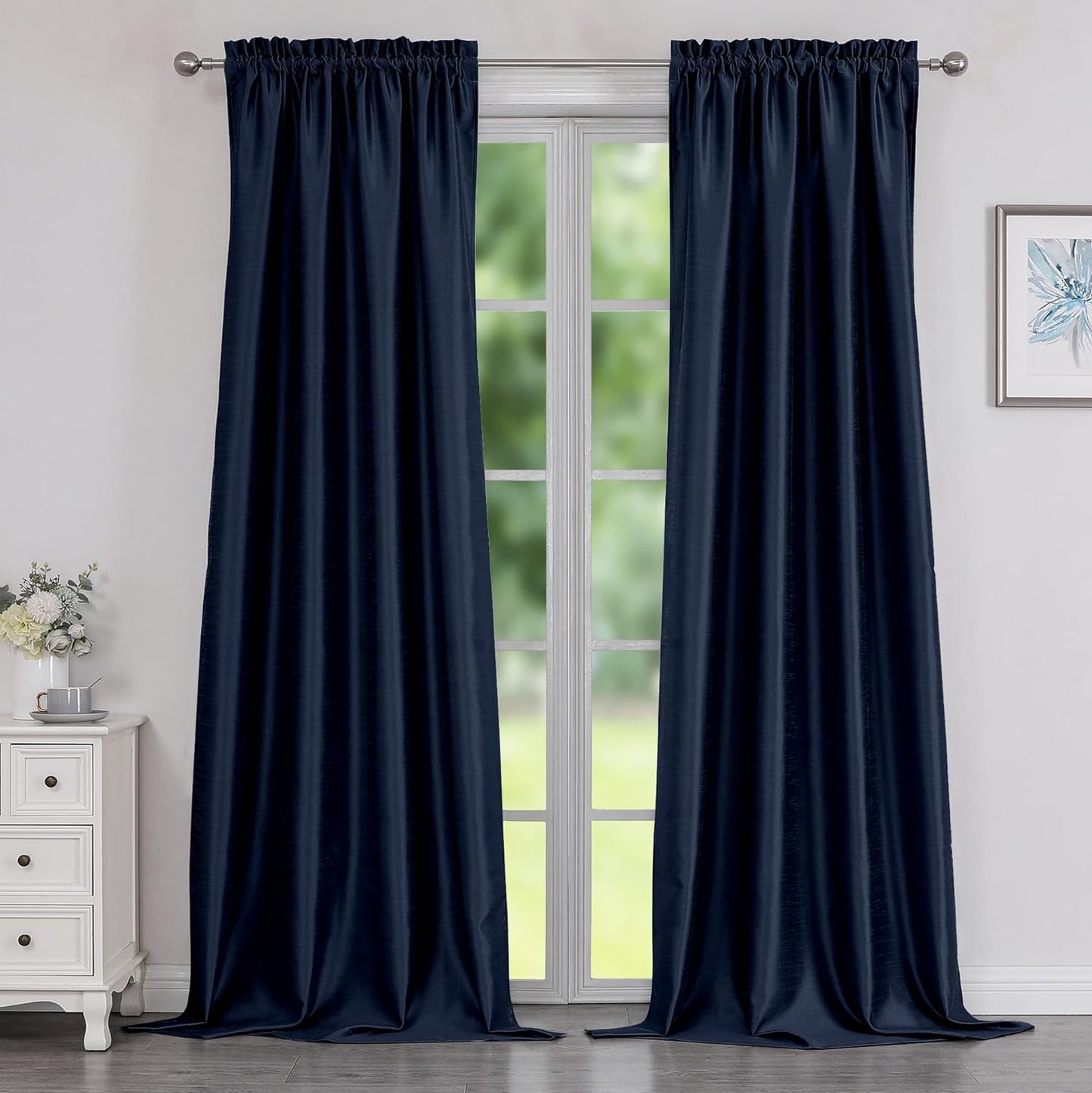 Chyhomenyc Uptown Sage Green Kitchen Curtains 45 Inch Length 2 Panels, Room Darkening Faux Silk Chic Fabric Short Window Curtains for Bedroom Living Room, Each 30Wx45L  Chyhomenyc Navy Blue 2X40"Wx96"L 