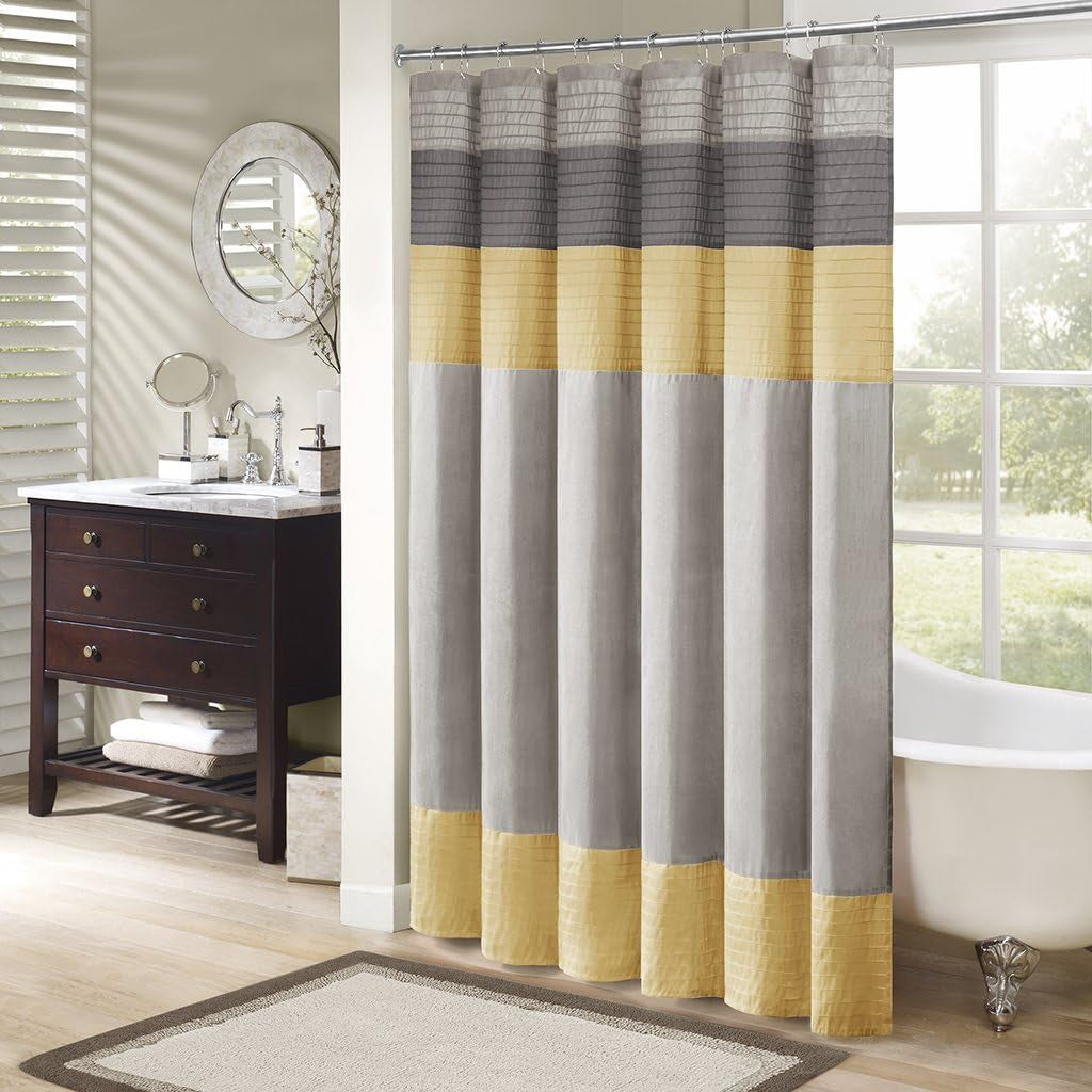 Madison Park Amherst Bathroom Shower Curtain Faux Silk Pieced Striped Modern Microfiber Bath Curtains, 72X72 Inches, Navy