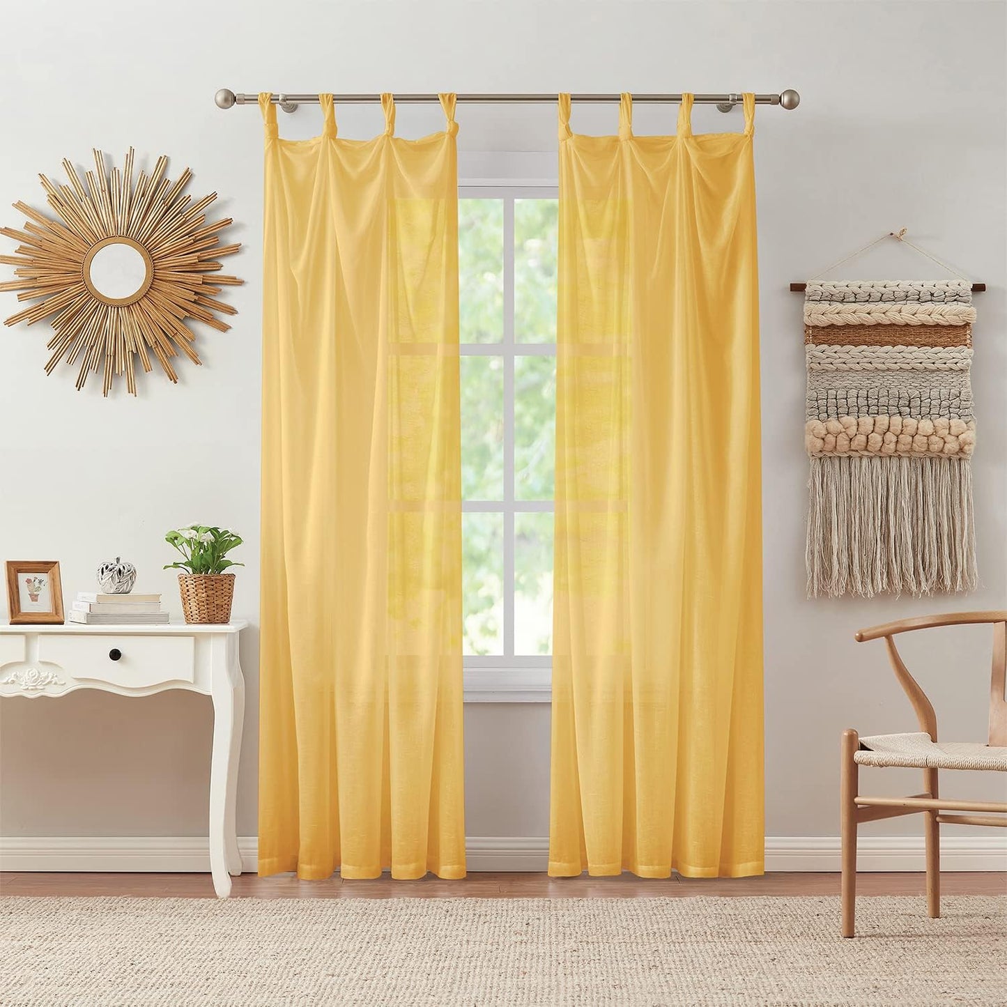 Indigo Ink - Window Curtain, Gauzy Knotted Tie Top Sheer Curtain Panel, Boho Home Decor (Mia White, 70" X 95")  Victoria Classics Mia Yellow 70" X 84" 