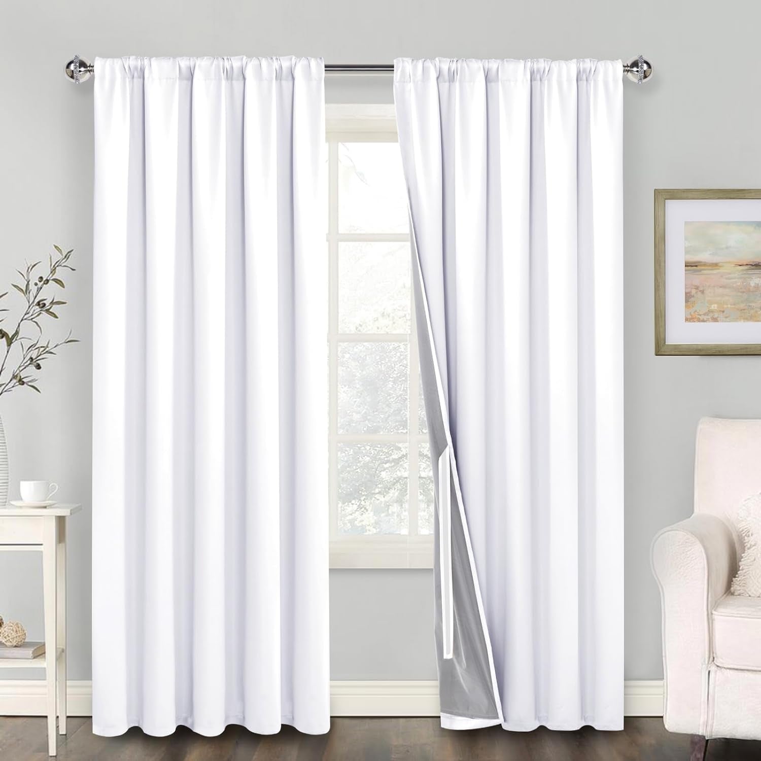 100% Blackout Curtains 2 Panels with Tiebacks- Heat and Full Light Blocking Window Treatment with Black Liner for Bedroom/Nursery, Rod Pocket & Back Tab，White, W52 X L84 Inches Long, Set of 2  XWZO   