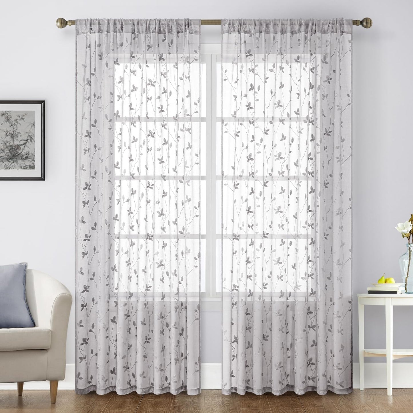 HOMEIDEAS Sage Green Sheer Curtains 52 X 63 Inches Length 2 Panels Embroidered Leaf Pattern Pocket Faux Linen Floral Semi Sheer Voile Window Curtains/Drapes for Bedroom Living Room  HOMEIDEAS Vine Light Grey W52" X L84" 