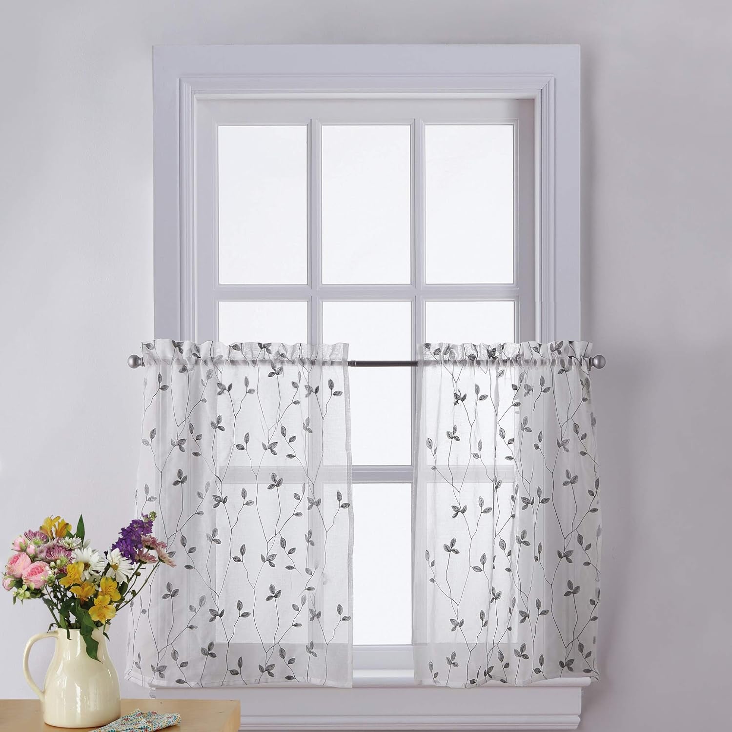 CHF Botanical Embroidery Valance and Tier Pair Curtain Collection (Sage, 14-Inch Valance)
