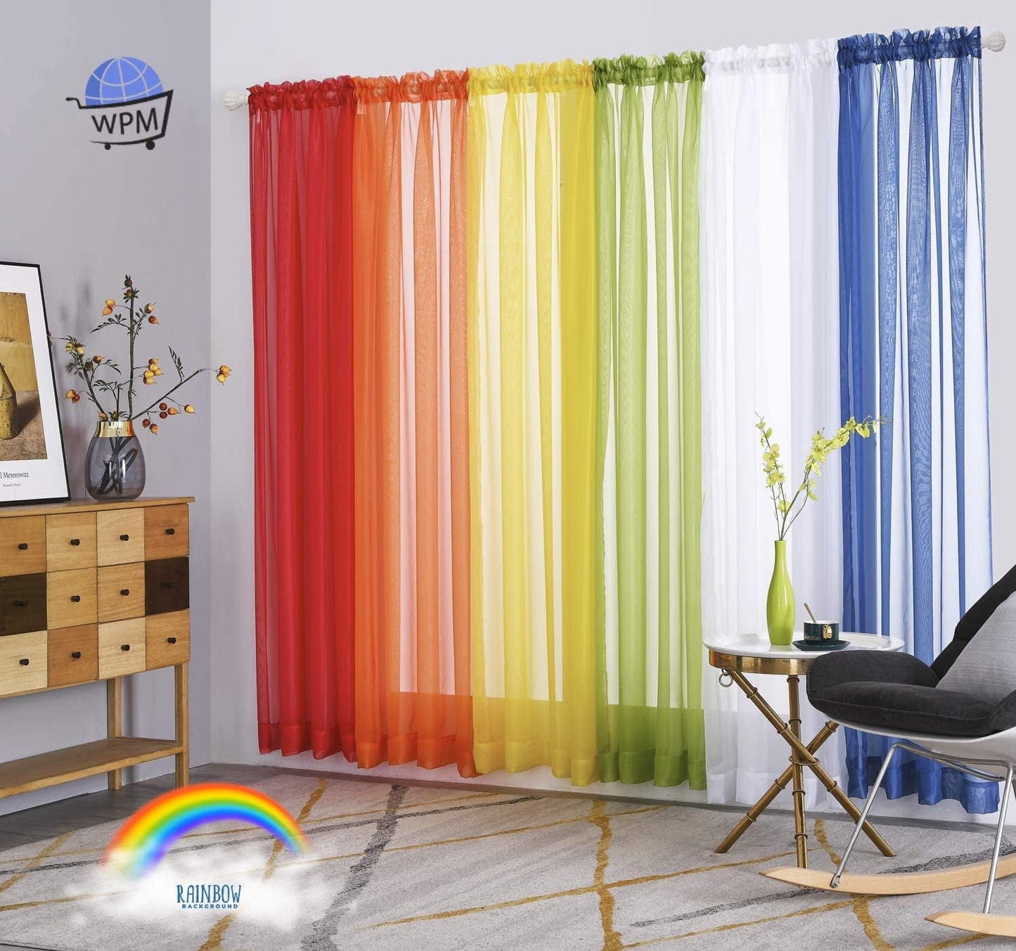 6 Piece Rainbow Sheer Window Panel Colorful Backdrop Bright Curtains Set for Playroom, Nurseries, Bedroom & More Lime, Orange, Red, Purple, Bright Yellow, Navy Drapes- 84 Inch Long Panels