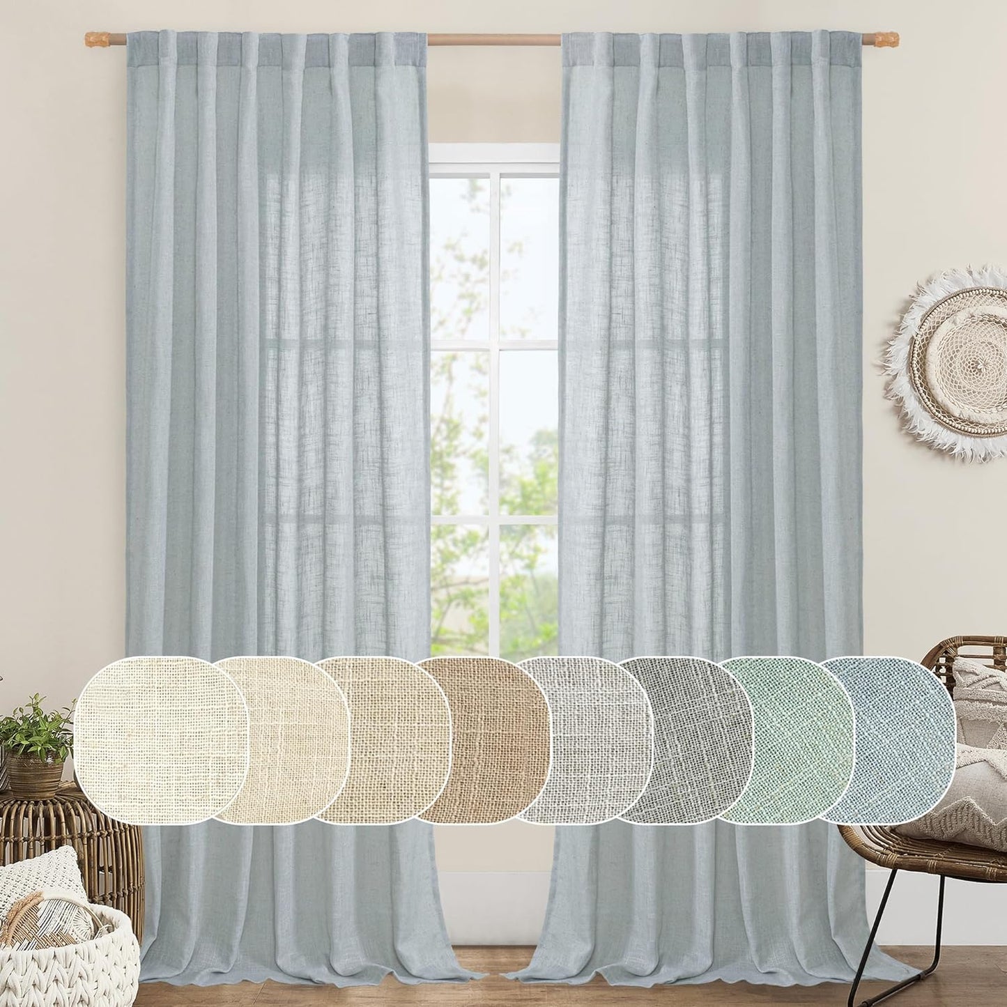 LAMIT Natural Linen Blended Curtains for Living Room, Back Tab and Rod Pocket Semi Sheer Curtains Light Filtering Country Rustic Drapes for Bedroom/Farmhouse, 2 Panels,52 X 108 Inch, Linen  LAMIT Greyish Blue 52W X 95L 