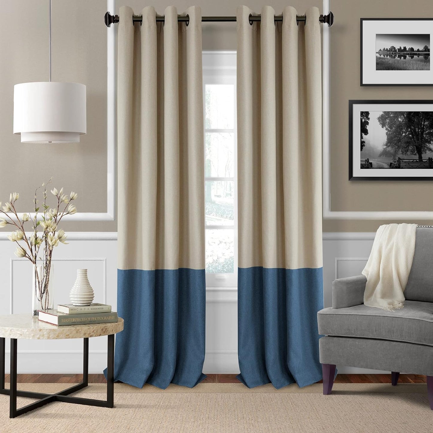 Elrene Home Fashions Braiden Color-Block Blackout Window Curtain, Single Panel, 52 in X 84 in (1 Panel), Linen  Elrene Home Fashions Navy 52" X 95" (1 Panel) 