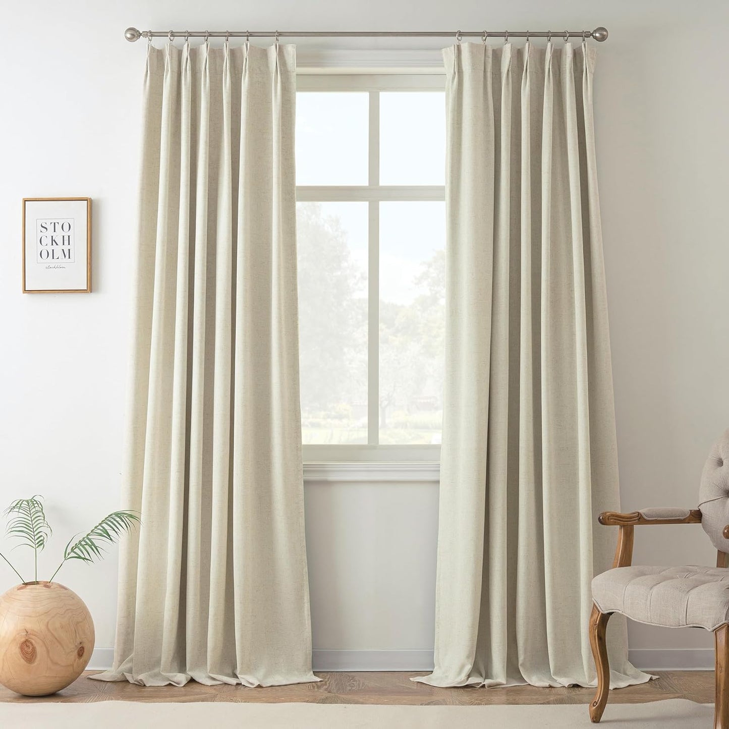Driftaway 100% Blackout Natural Linen Curtains for Bedroom 96 Inches Long Double Layer Drape Farmhouse Thermal Insulated 3 Inch Rod Pocket Back Tab Full Light Blocking 2 Panels for Living Room Nursery  DriftAway Pinch Pleat Light Linen 40"X95" 