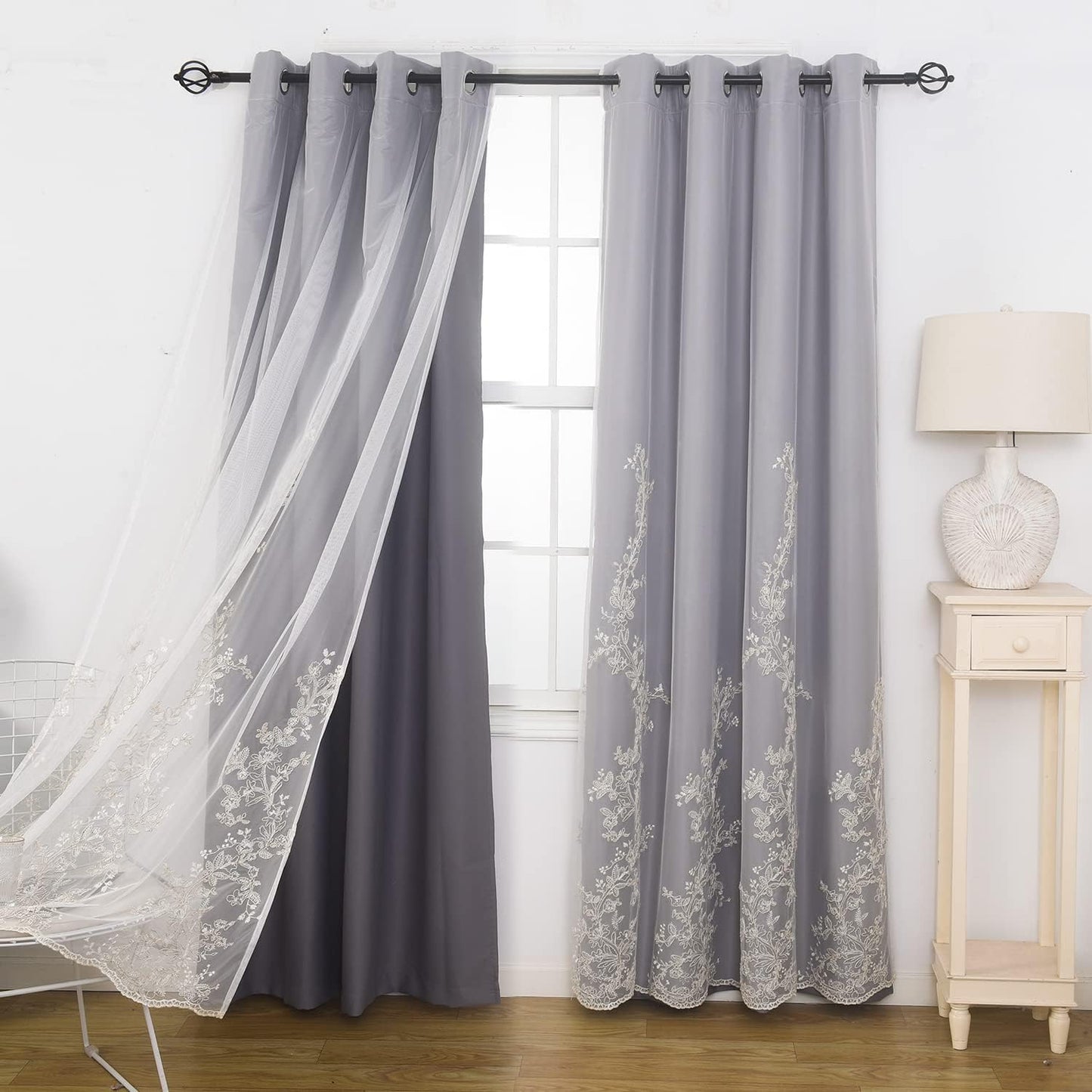 GYROHOME Double Layered Curtains with Embroidered White Sheer Tulle, Mix and Match Curtains Room Darkening Grommet Top Thermal Insulated Drapes,2Panels,52X84Inch,Beige  GYROHOME Dark Grey 52Wx63Lx2 