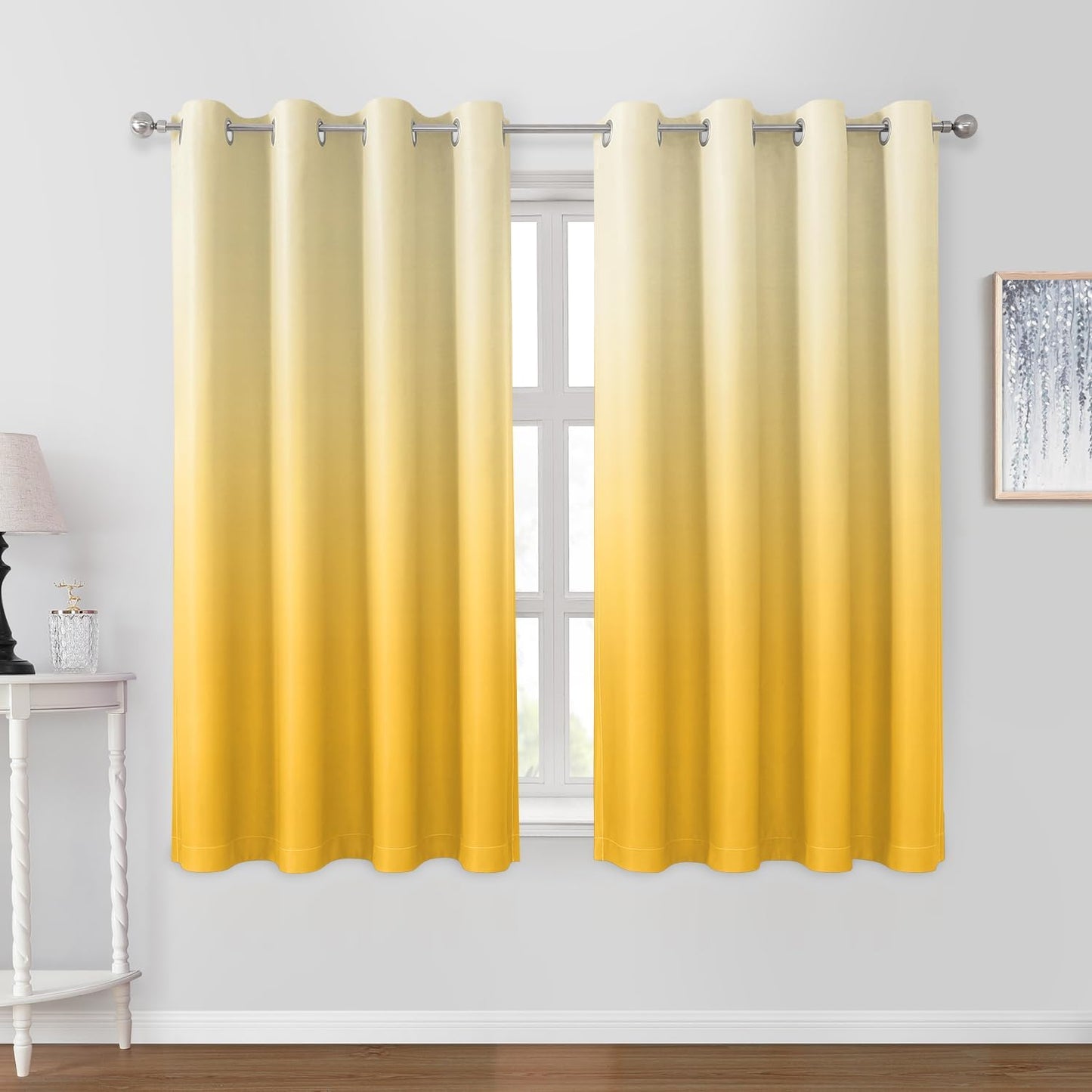 HOMEIDEAS Navy Blue Ombre Blackout Curtains 52 X 84 Inch Length Gradient Room Darkening Thermal Insulated Energy Saving Grommet 2 Panels Window Drapes for Living Room/Bedroom  HOMEIDEAS Yellow 52"W X 63"L 