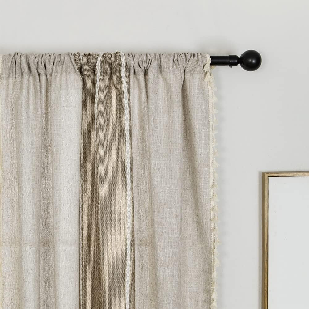 Amidoudou 1 Pair Cotton Linen Boho Curtains with Tassel, Farmhouse Curtains for Bedroom Living Room (Beige and Coffee, 2 X 54 X 96 Inch)  Amidoudou Beige And Coffee 2 X 54" X 63" 