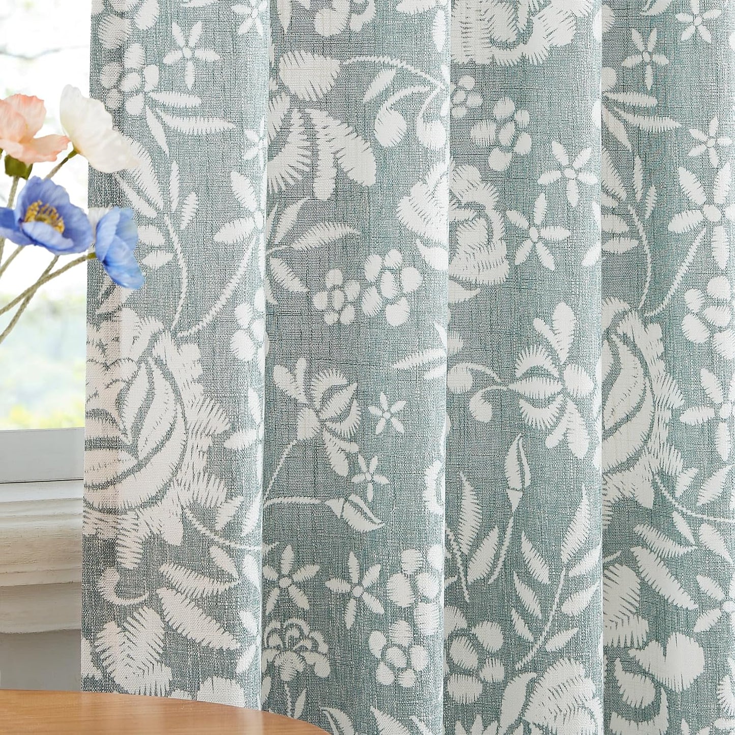 Vision Home Blue Floral Linen Curtains 84 Inch Farmhouse Botanical Print Light Filtering Window Curtains for Living Room Bedroom Rod Pocket Back Tab Navy Beige Semi Sheer Drapes 2 Panels 54" Wx84 L  Vision Home Jade Green 52"X84"X2 
