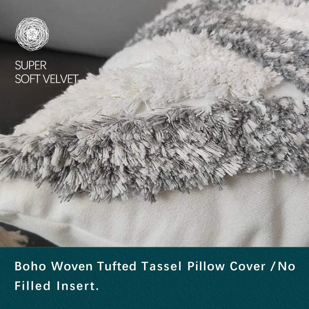 Boho White Grey Tufted Throw Pillow Covers with Tassels, Set of 2, Super Soft Velvet Pillowcase for Sofa Living Room(Grey-Line,18"X18")