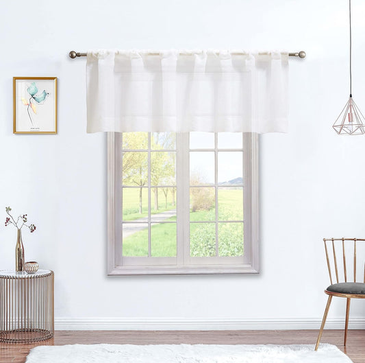 July Joy White Sheer Valance Curtains for Kitchen, 18 Inch Length Rod Pocket Window Drapes Faux Linen Semi Sheer Small Curtains for Bathroom Basement W 52 X L 18 Inch, 2 Panels
