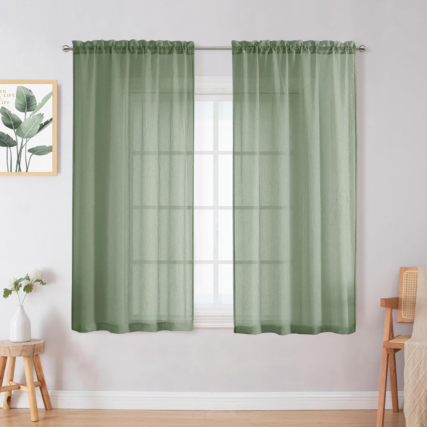 Crushed Sheer White Curtains 63 Inch Length 2 Panels, Light Filtering Solid Crinkle Voile Short Sheer Curtian for Bedroom Living Room, Each 42Wx63L Inches  Chyhomenyc Sage Green 28 W X 45 L 