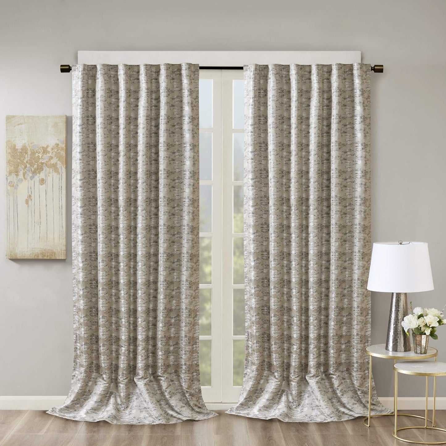Sun Smart Cassius, Single Blackout Curtain for Bedroom, Luxurious Sheen Marble Jacquard, Window Treatment Panel, Rod Pocket Top, Easy to Hang, Fits 1.25" Rod, Machine Washable, 50" X 84" Gold  E&E Co. Ltd DBA JLA Home Grey/Silver 108"X50" 