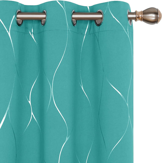 Deconovo Blackout Curtains with Foil Wave Pattern, Grommet Curtain Room Darkening Window Panels, Thermal Insulated Curtain Drapes for Nursery Room (42W X 54L Inch, 2 Panels, Turquoise)  DECONOVO Turquoise W42 X L54 