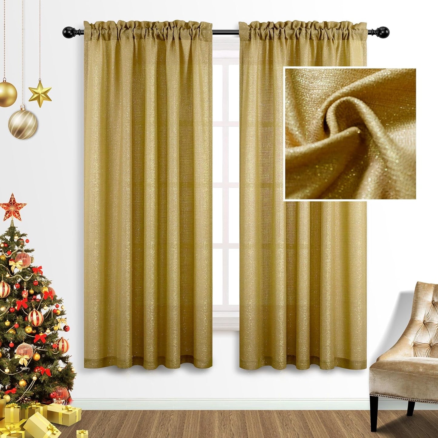 Gold Curtains 84 Inch Length for Living Room 2 Panels Set Rod Pocket Window Decor Semi Sheer Luxury Sparkle Shimmer Shiny Glitter Brown Golden Mustard Curtains for Bedroom 52X84 Long Christmas Decor  MRS.NATURALL TEXTILE Gold 52X63 