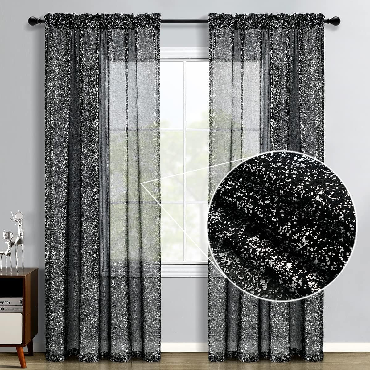 TERLYTEX Black and Silver Curtains 72 Inch Length - Metallic Silver Foil Spray Dots Glitter Sheer Curtains for Living Room, Privacy Sparkle Curtains for Windows, 52 X 72 Inch, 2 Panels, Black Silver  TERLYTEX   