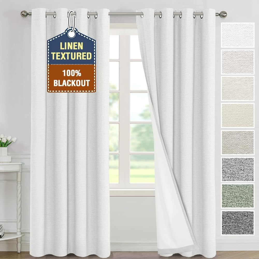 H.VERSAILTEX Linen Curtains Grommeted Total Blackout Window Draperies with Linen Feel, Thermal Liner for Energy Saving 100% Blackout Curtains for Bedroom 2 Panel Sets, 52X96 Inch, Ultimate Gray  H.VERSAILTEX White 52"W X 108"L 