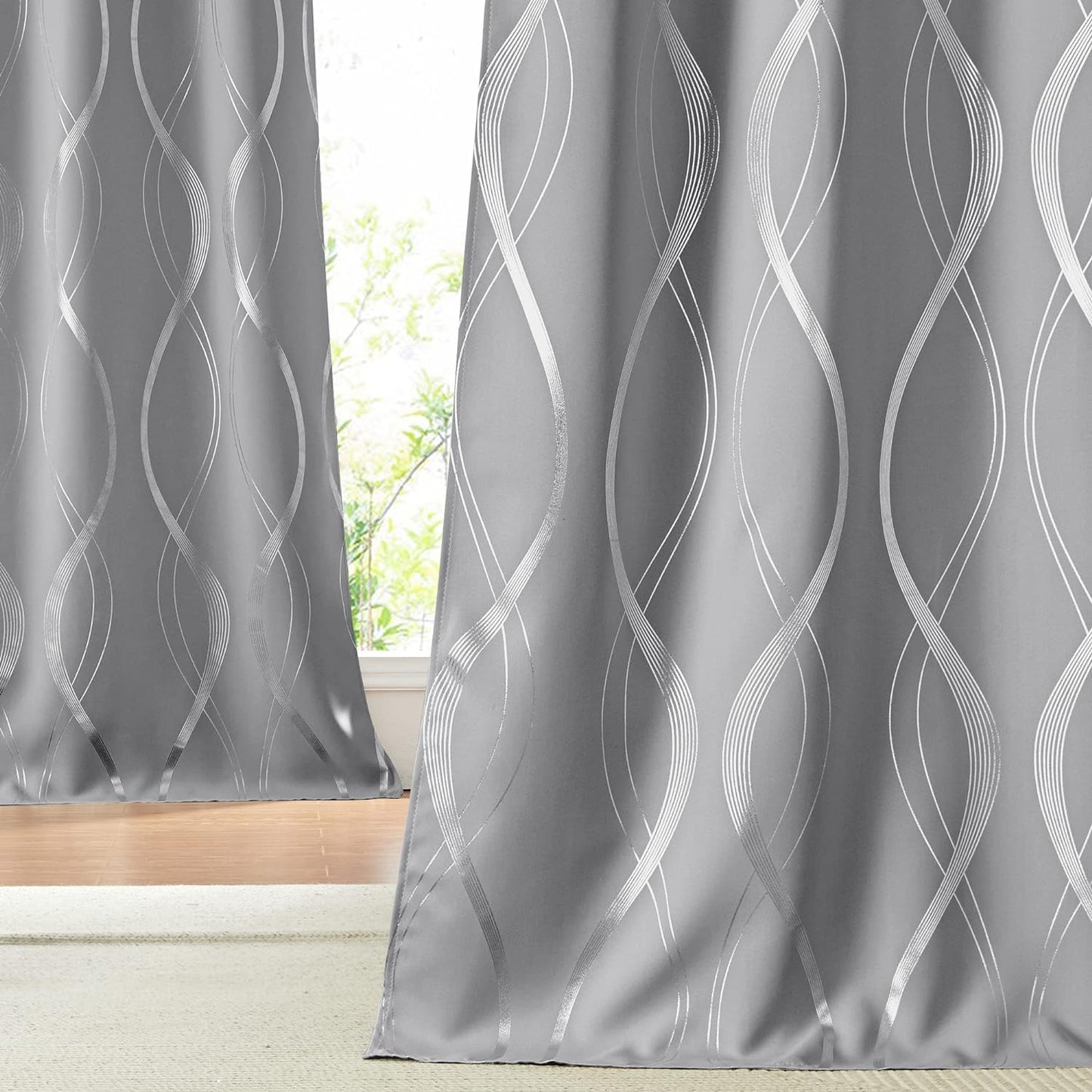 NICETOWN Grey Blackout Curtains 84 Inch Length 2 Panels Set for Bedroom/Living Room, Noise Reducing Thermal Insulated Wave Line Foil Print Drapes for Patio Sliding Glass Door (52 X 84, Gray)  NICETOWN Silver Grey 42"W X 84"L 