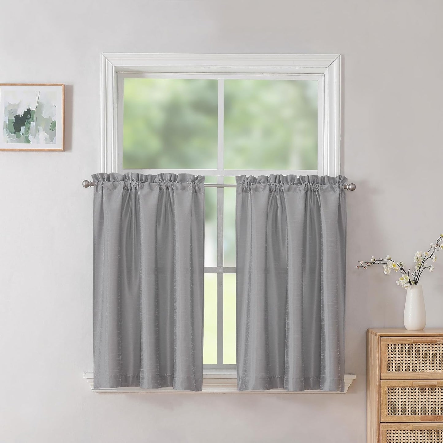 Chyhomenyc Uptown Sage Green Kitchen Curtains 45 Inch Length 2 Panels, Room Darkening Faux Silk Chic Fabric Short Window Curtains for Bedroom Living Room, Each 30Wx45L  Chyhomenyc Silver Gray 2X30"Wx24"L 