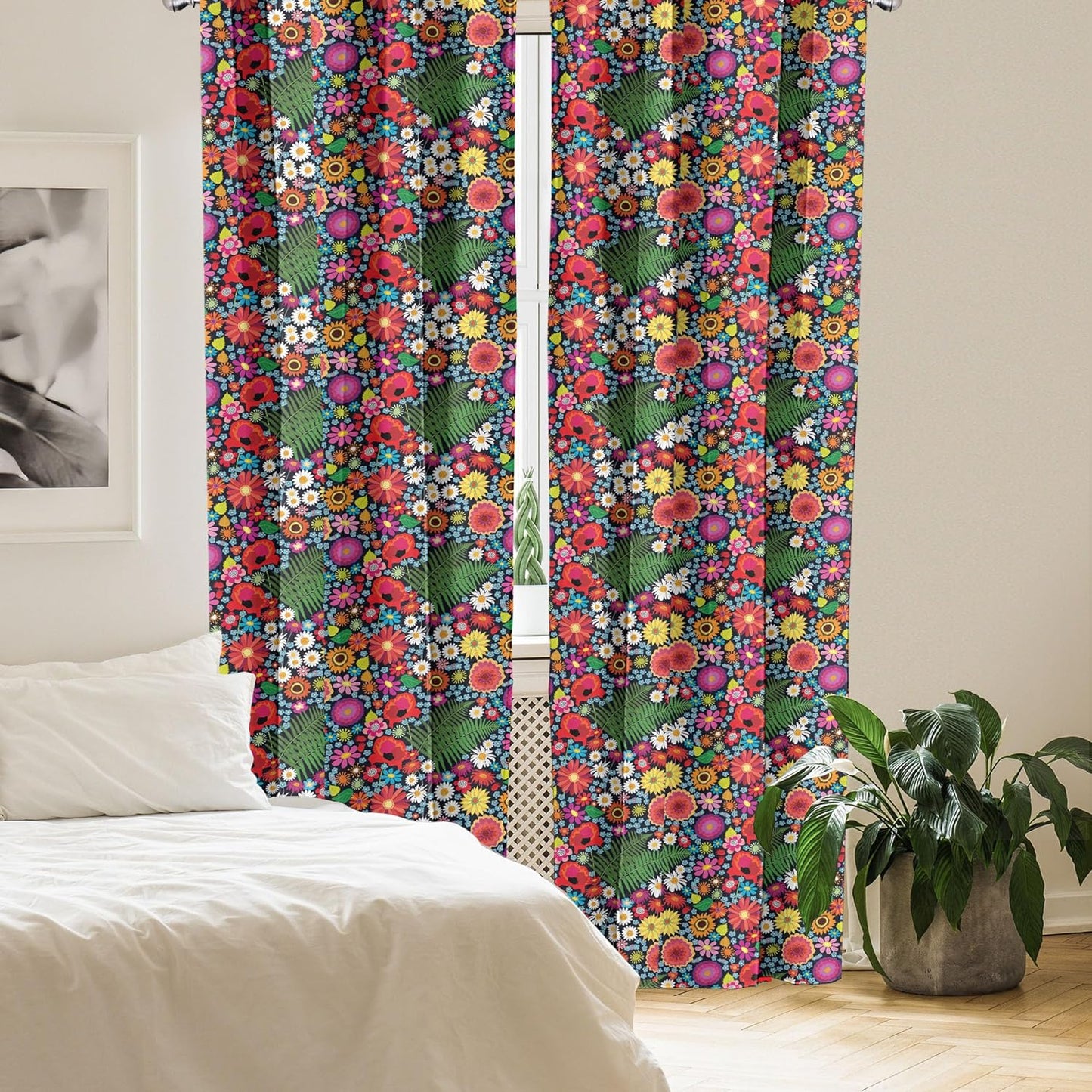 Ambesonne Floral 2 Panel Curtain Set, Colorful Spring Wildflowers Demonstration with Asters Chamomiles and Fern Leaves, Window Treatment Living Room Bedroom Decor, Pair of - 28" X 63", Green Magenta  Ambesonne   