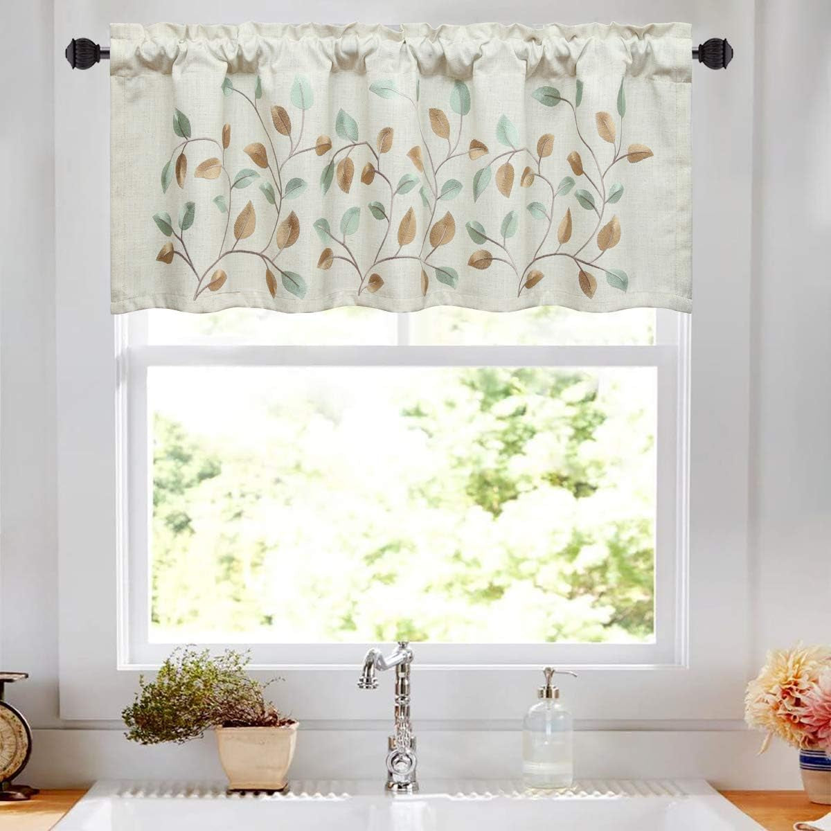VOGOL Linen Valances for Living Room, Vintage Floral Valance for Bedroom, Rod Pocket Valance Curtains for Dining Room, 52''W X 18''L, One Panel, Flower Embroidery  YouYee W014  